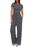 Suit Folding 2025 New Solid Short-Sleeved Top High-Rise Broad Leg Pants
