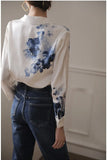 New Vintage Ink Printing Chiffon Shirt Turn-down Collar Long Sleeve Satin Blouse Women Summer Korean Style Casual