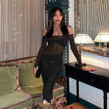 2025 Women's New Fashion Temperament Sexy Body Flashing Shoulder Mesh Dress Dress