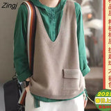 Vest Women V-neck Solid Pockets Loose All-match Autumn Fashion Korean Casual Свитер Женский Retro Simple Knitwear