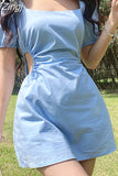 Square Neck Korean Fashion Solid Summer Dress Mini Casual Hollow Out Dresses for Women 2023 Cute Sundress Clothes