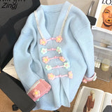 Beading Sweater Women Flower Button Kintted Cardigan Autumn Sweet V-Neck Long Sleeves Coat Korean Style Loose Jumper