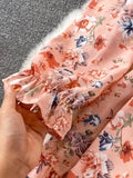 Autumn Women Floral Chiffon Midi Dress Vintage V-Neck Flare Long Sleeve High Waist A-Line Vestidos Female New
