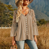 Hollow Out Crochet Lace Shirt 2023 Fashion Women Tops Solid V-neck Shirts Flare Sleeve Loose Blouse Casual Blusas