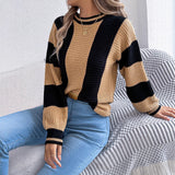 Shooting 2025 Autumn And Winter Casual Hit-Colored Striped Lantern Long-Sleeved Jacket Sweater Women's