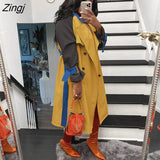 Fashion Women Trench Solid Color Outerwear Double Breasted Long Sleeve Lapel Belted Trench Autumn Spring Long