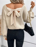 Women's V-Neck Solid Color Sweater Autumn New Long-Sleeved Casual Loose Bow Top