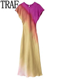 Tie Dye Long Dress Women Short Sleeve Elegant Dresses For Women 2023 Vintage Midi Satin Dress Woman Evening Party