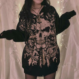 Skull Print Zip Up Oversized HoodieOutfit