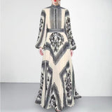 Collar Lantern Sleeve Positioning Printing Waist 100 Folds Long Dress Dress Women's Dress 2025