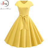 Women Summer Vintage Dress With Belt Short Sleeve V neck Elegant Retro Robe Rockabilly Swing Pinup Party Office Dresses