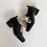 Literary And Art Square Head Small Leather Shoes 2025 New High-End Thick Front Lace Wearing Temperament Single Shoes