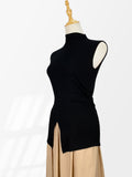 Zingj Temperament Korean Version Slim Slim Black Half High Collar Sleeveless Jacket Female Design Sense Careful Machine Hollow