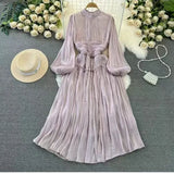 Korean Version Of The Lantern Long Sleeve To Receive The Waist Thin Folded Folded Lily Dress Seaside Long