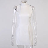 Faux Leather Women's Dress Long Sleeve Turtleneck Back Hollow out Sexy Split Dress Backless Elegant Casual Dress