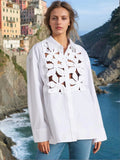 Zingj Autumn New Fashion Leisure Three-Dimensional Flower Splicing Advanced Sense Single Breasted Hollow Out Long Sleeve Shirt