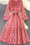 Yellow/Red/White Hollow Out Lace Long Dress Vintage O-Neck Puff Sleeve High Waist A-Line Big Swing Maxi Party Vestido