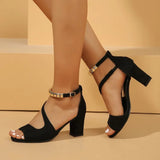 Sales Summer New Buckle Velvet Beaded Fish Mouth Coarse Sandals Roman High Heels