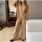 New Hot Pure Color Knitted Jacket High-Collar Sweater Set Loose Top + Pants