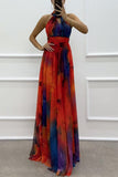 Women's Sleeveless Print With Dress Fashion Swing Hanging Neck Round Women