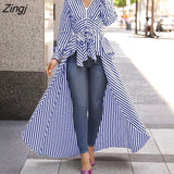 Women Striped Long Sleeve Irregular Deep V-Neck Casaul Blouse With Belt High Low Tunic Spring Autumn
