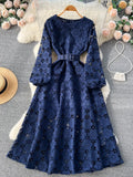 Autumn Women Hook Flower Hollow Party Long Dress Vintage Round Neck Puff Sleeve High Waist A-Line Maxi Vestidos New
