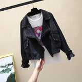 Zingj New Korean Version Loose Large Size BF Student Versatile Retro Motorcycle Denim Jacket Female Short Jacket-Outfit