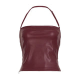Cloth Forgets Locomotive Wind Girl Wine PU Spliced Shoulder Hanging Neck Vest Hot Sexy Outer Wear