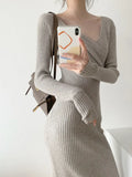 Korean Style Sexy Knitted Bodycon Dress Women Autumn Winter 2023 Streetwear Slim V-neck Long Sleeve Sweater Long