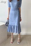 Chic Korean Temperament Slim Sexy Hollow Out Dresses O Neck Short Sleeve Wrap Hip Knitted Dress White Lady Summer