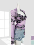 Zingj Purple Hot Girl Top Design Feeling Dizzy Dye V-Neck Long-Sleeve T-Shirt Female Summer Waist Show Thin Mesh Sunscreen