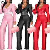 Fashion Women Jumpsuits Puffy Long Sleeve V Neck With Belt Wide Leg Pants Loose Rompers Party Office