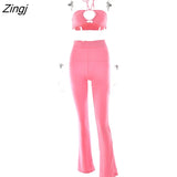 Casual Backless Two Pieces Sets Women Sexy Halter Hollow Out Top Long Flare Pant Suit Party Outfits Strapless