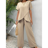 Summer New Women's Two-Set Short-Sleeved Jacket Round Collar Loose Leisure Irregular