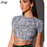 Women’s Fashion Printing Slim Short T-shirt Short Sleeve Backless Drawstring Lace-up Bandage Crop Tops Summer Basic