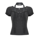 Pure Desire Girl Age Reduction Irregular Lace Splicing Short-Sleeved T-Shirt Design Bubble Sleeve Repair