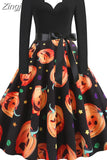 Women Christmas Dress Winter Long Sleeve V Neck Pumpkin Print Halloween Costume Party Dresses Casual Vintage S~3XL