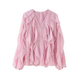 Women's V-Neck Folding Trim Shirt Long-Sleeved Top Loose