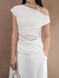 Desire Girl Wind Thin Slim See One Shoulder Design Ribbon Short-Sleeved Top Babes Reduce Age Thin One-On-Wear