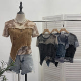 Shooting Of The Edge Of The Denim Splicing Tie Dye Mesh Repair Irregular Two Short-Sleeved Top T-Shirt