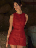Solid Buttoned Sleeveless Mini Dress-Outfit