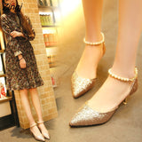 Pointed toe Pearl High heels shoes Female Fashion hollow with Sandals Paillette of the Thin Breathable shoes Women