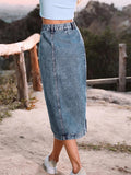 Side Slit Buttoned Denim Midi Skir- Outfit