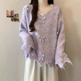 Three-Dimensional Bow V-Neck Shoulder Knitted Sweater Woman 2025 Autumn Big-Size Fat Mm Super Nice Look And Beautiful