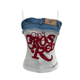 Edge Denim Spliced Letter Embroidered Sling Sling Vest T-Girls Short Top