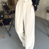 Loose White Corduroy Pants Women Korean Style Elegant High Waist Wide Leg Trousers Female 2023 Casual Straight
