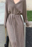 Sweater Knitted Dress for Women Brief V-neck Warm Drawstring Lace-up Loose Midi Female Maxi Dress Autumn Winter