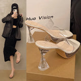 Women 2025 Summer New Square Head Fine And Crystal Transparent Sandals One-Word With Waterproof Table Slippers