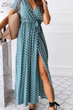 Short Sleeve V Neck Bohemian Long dress Women Polka Dot Print Casual Split Beach Maxi Sundress