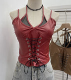 Shooting Locomotive Punk Pu Splicing Fishing Net Hanging Neck Sling Vest Babes Wearing Rope Repair Short Blouse